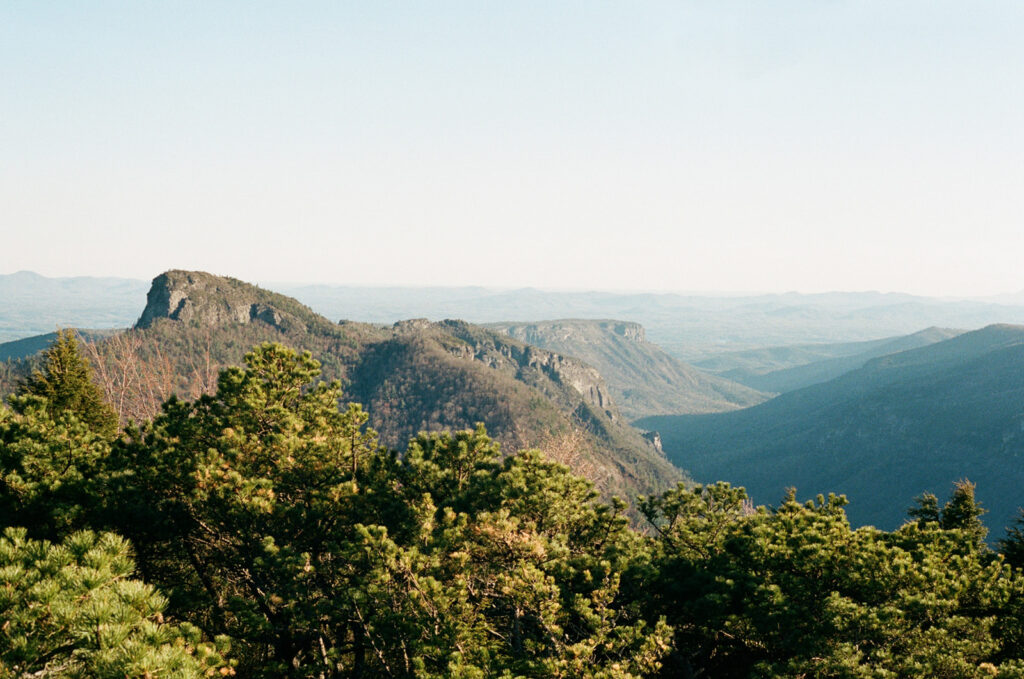 linville gorge engagement session with table rock in the background