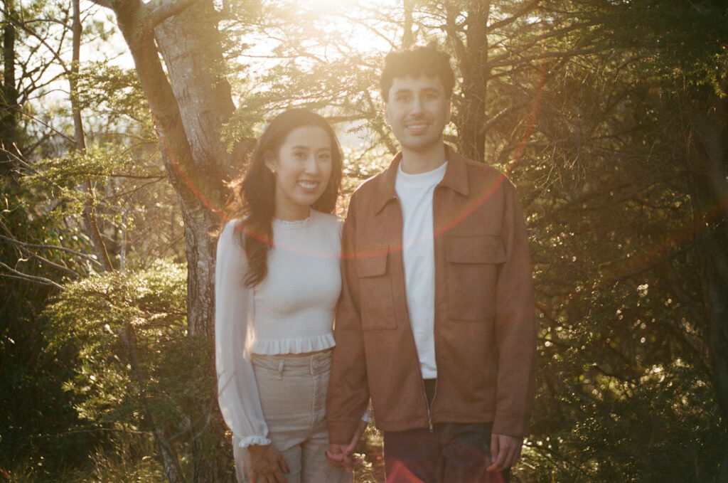 couple on hawksbill mountain during their engagement session