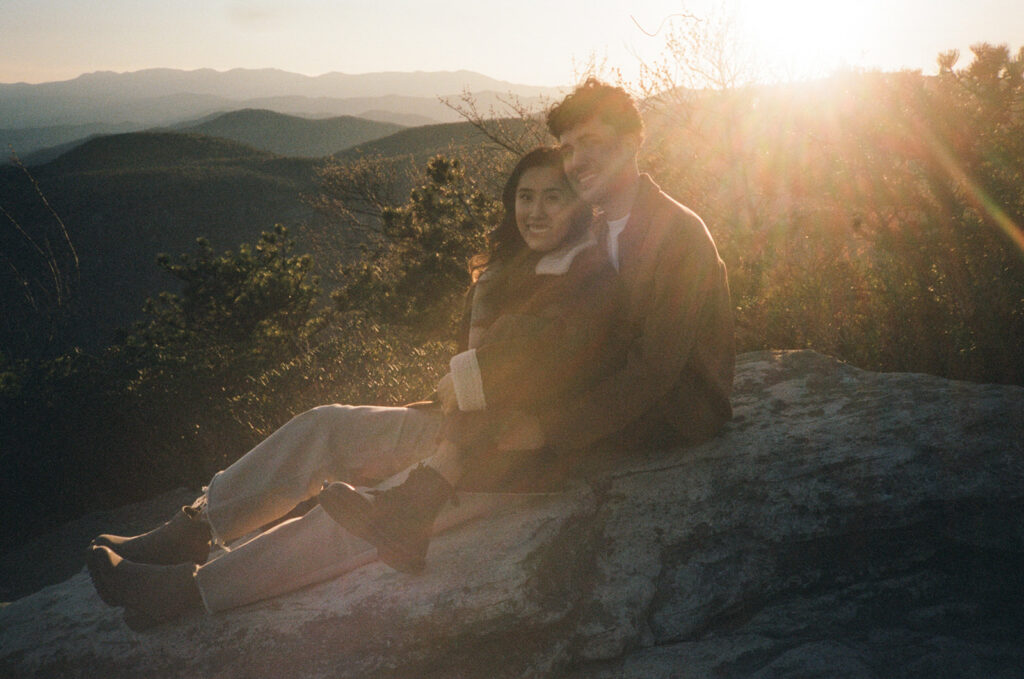 linville gorge engagement session with table rock in the background