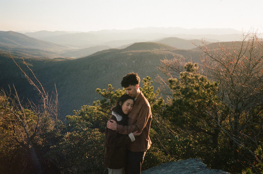 linville gorge engagement session with table rock in the background