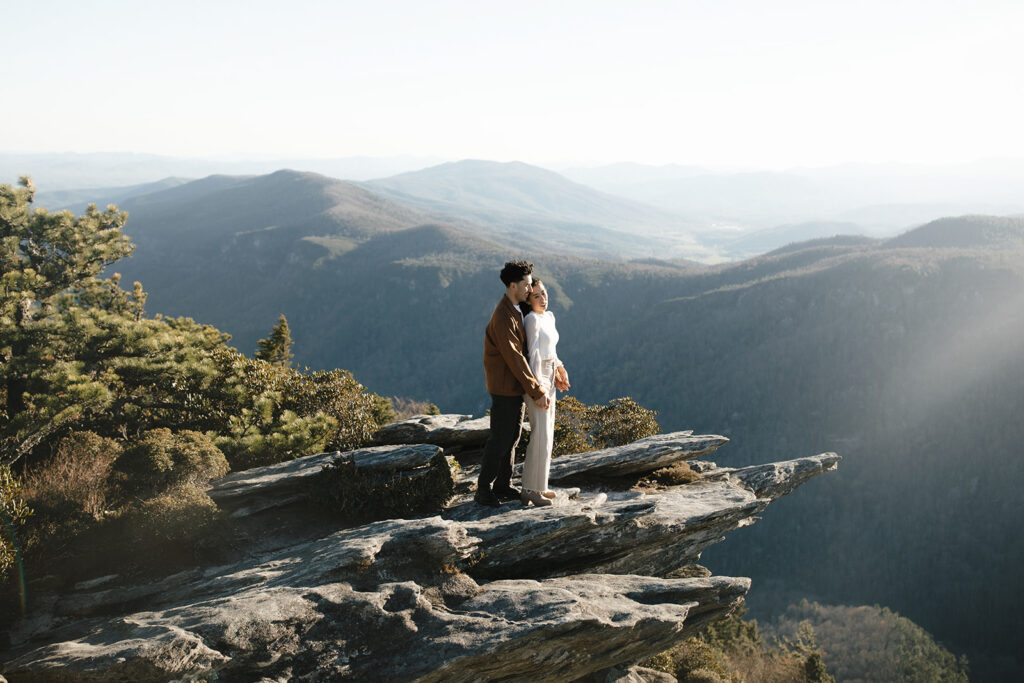 linville gorge engagement session with table rock in the background