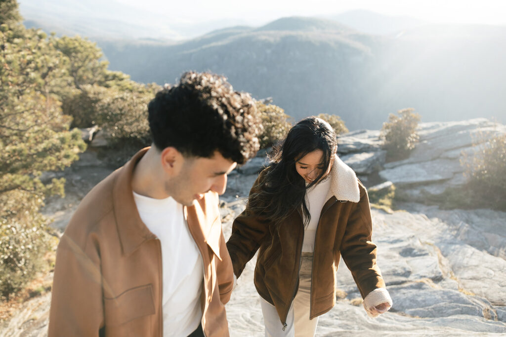 couple on hawksbill mountain for their engagement session