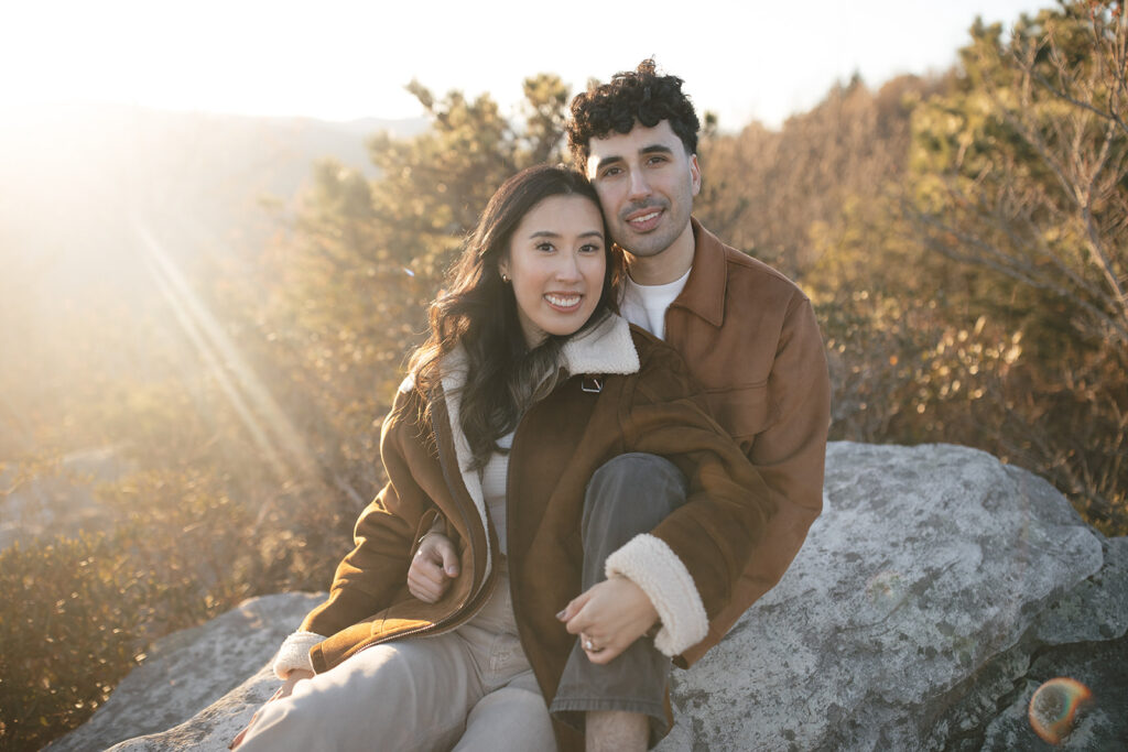 couple on hawksbill mountain for their engagement session