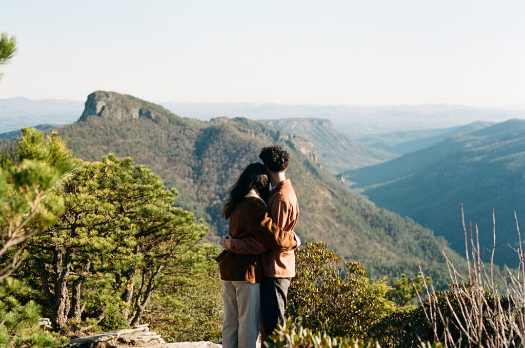 linville gorge engagement session with table rock in the background