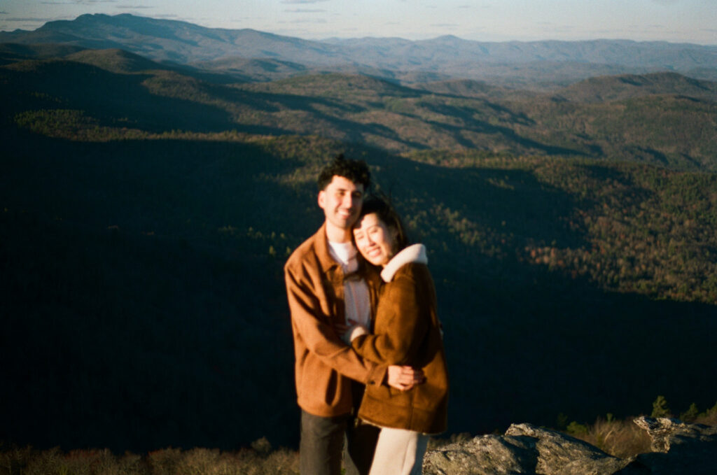 linville gorge engagement session with table rock in the background