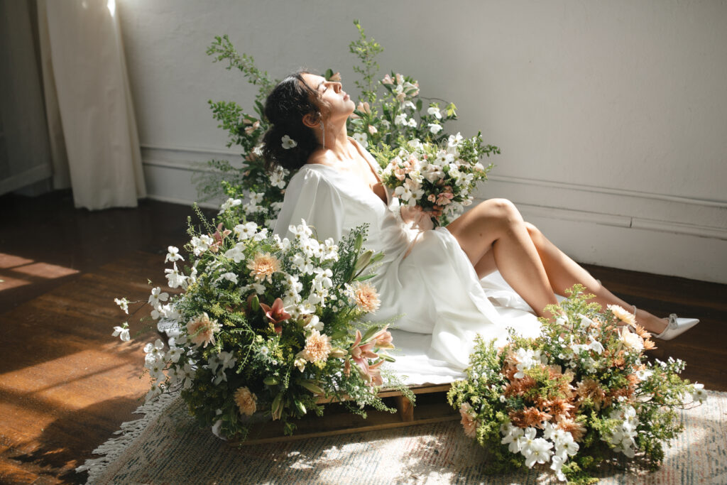 bride posing in editorial photoshoot at the mill studio photographed by asheville wedding photographer