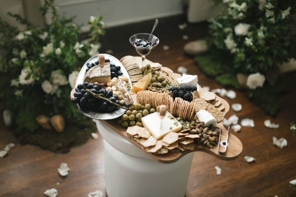 charcuterie board display at wedding