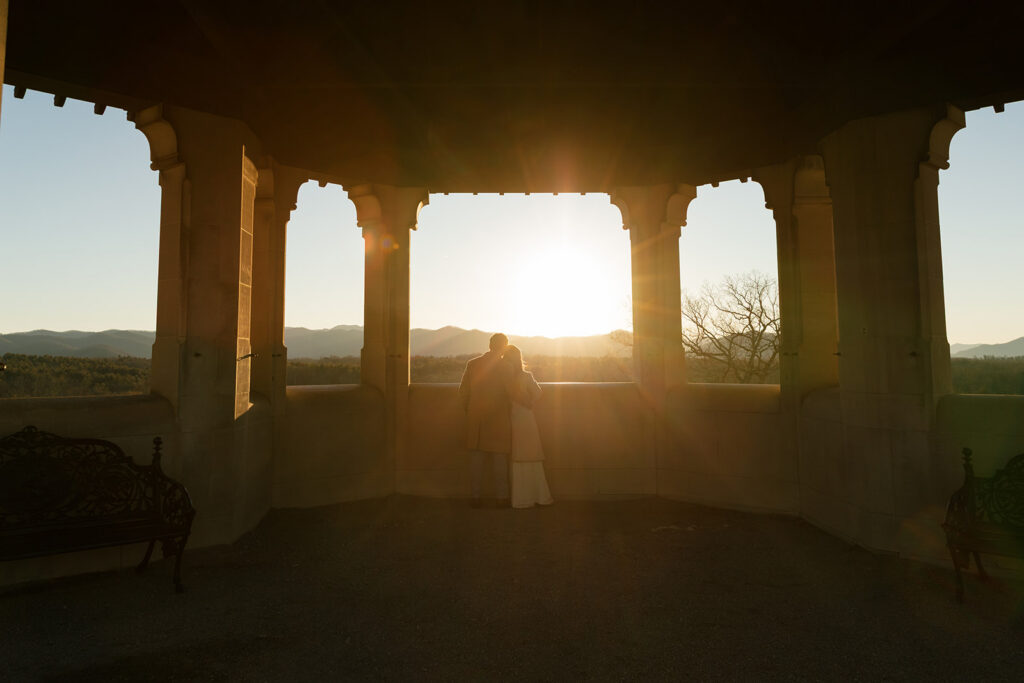 sunset photo of bride and groom at biltmore estate by north carolina wedding photographer